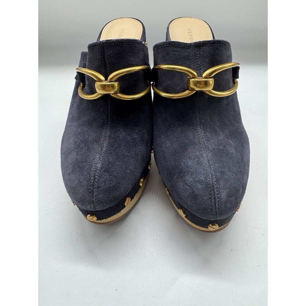Veronica Beard GilesClog Heels Navy Blue Horsebit Suede Leather Size 7 - Picture 4 of 10